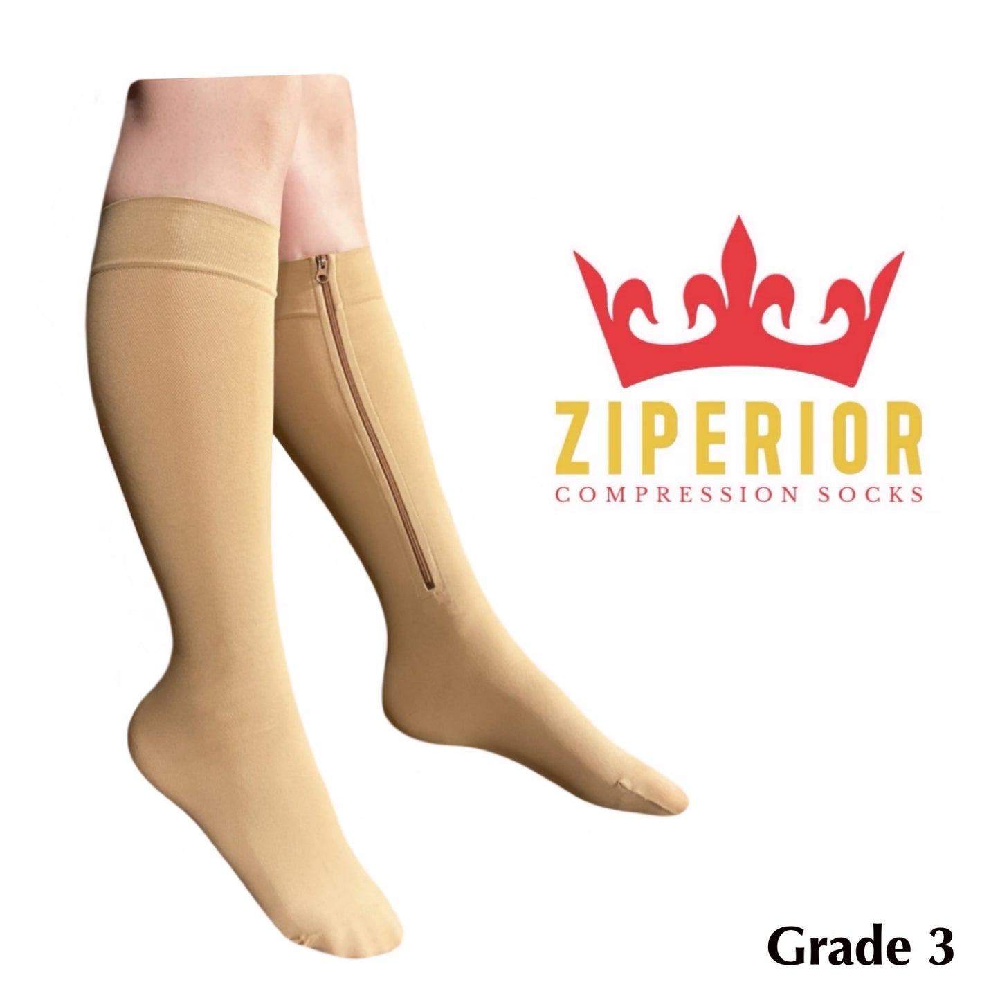 Ziperior Inside Leg Zipper 30-40 mmHg Compression Grade 3 Calf Closed Toe Socks
