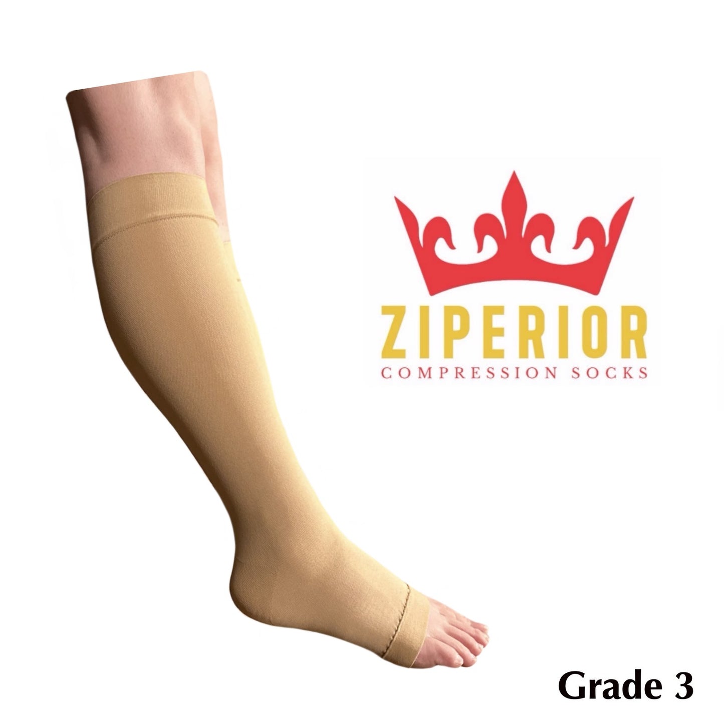 Ziperior Open Toe Inside Leg Calf Zipper 30-40 mmHg Grade 3 Compression Socks