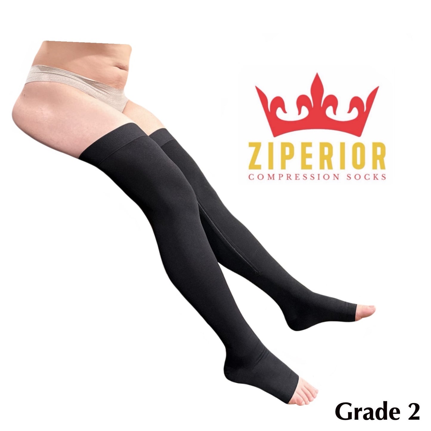 Ziperior Thigh High 20-30 mmHg Compression Wide Calf Inside Leg Zipper Open Toe Stocking