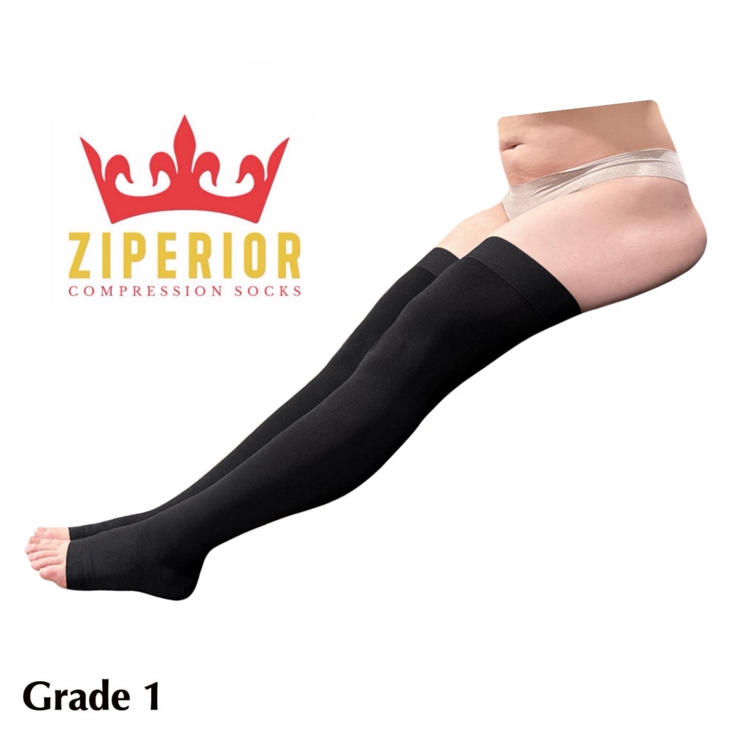 Ziperior Thigh High 15-20 mmHg Compression Wide Calf Inside Leg Zipper Open Toe Stocking