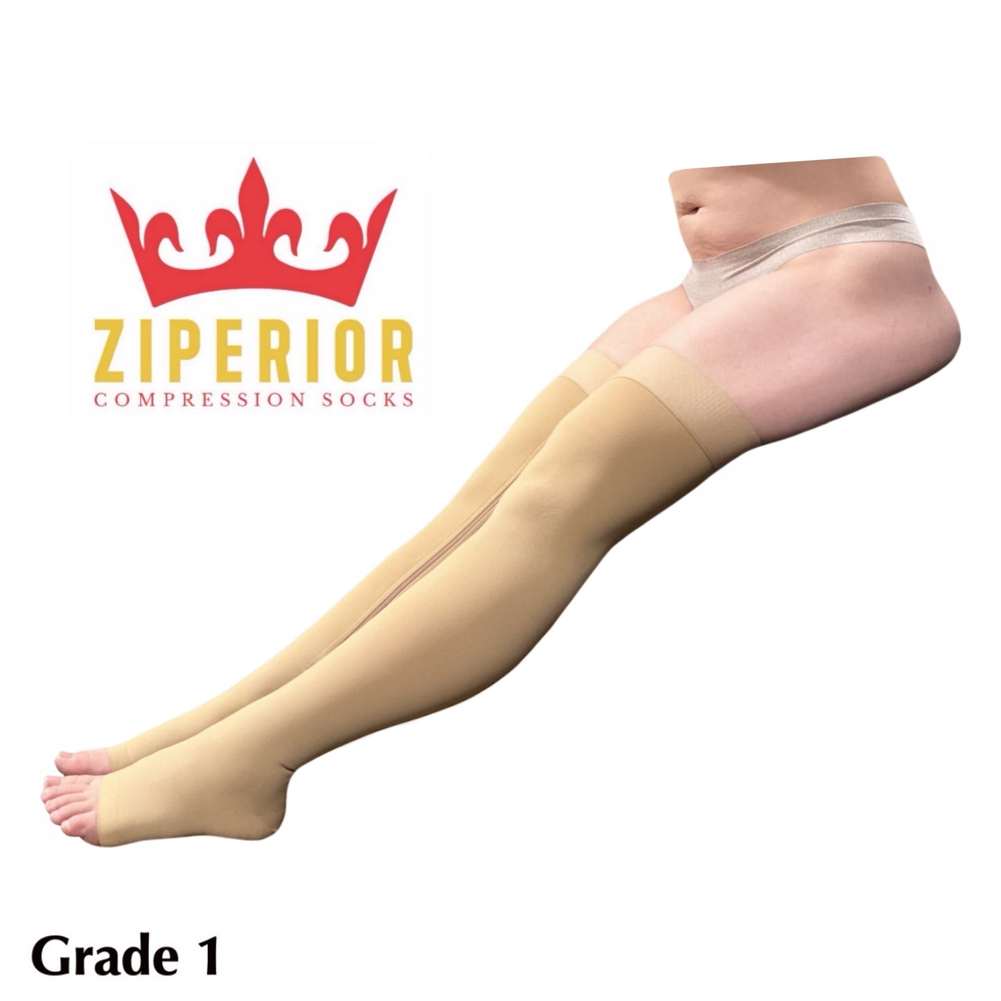Ziperior Thigh High 15-20 mmHg Compression Wide Calf Inside Leg Zipper Open Toe Stocking