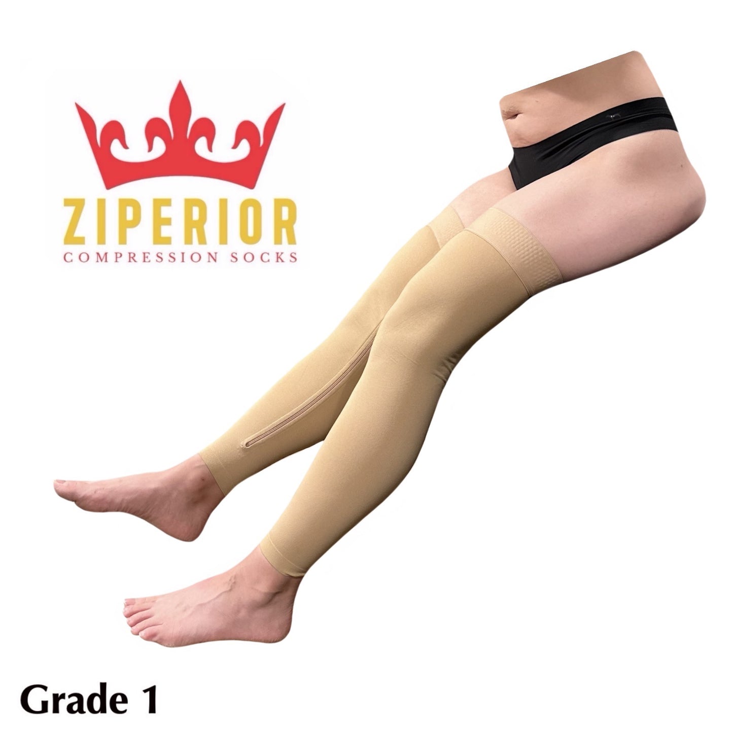 Ziperior Thigh High 15-20 mmHg Compression Wide Leg Calf Inside Zipper No Foot Stocking