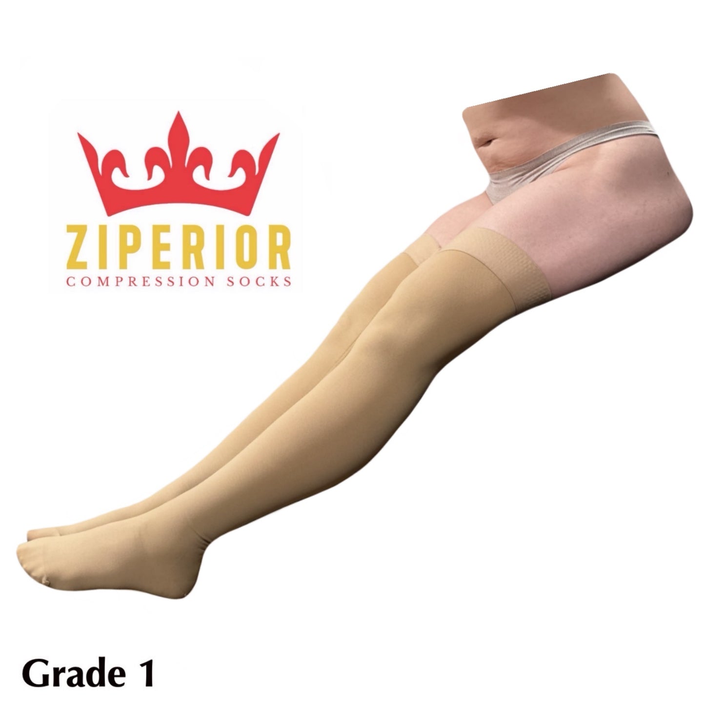 Ziperior Closed Toe Thigh High 15-20 mmHg Compression Wide Leg Inside Zipper Stocking
