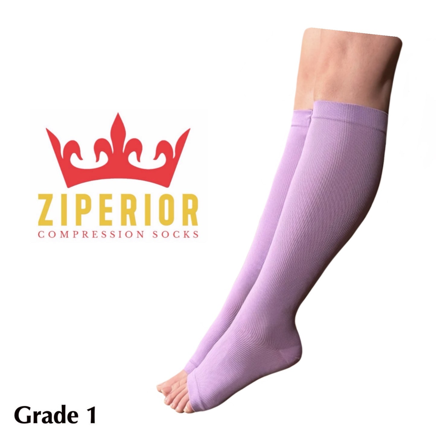 Ziperior Open Toe 15-20 mmHg Compression Inside Zipper Leg Men Women 1 Pair Lavender Socks