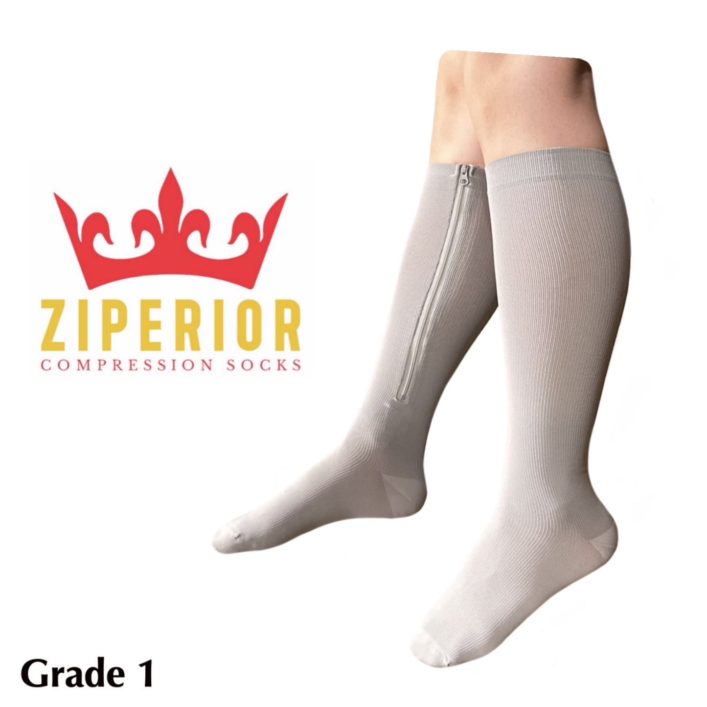 Ziperior Closed Toe 15-20 mmHg Compression White Navy Gray Inside Zipper Socks
