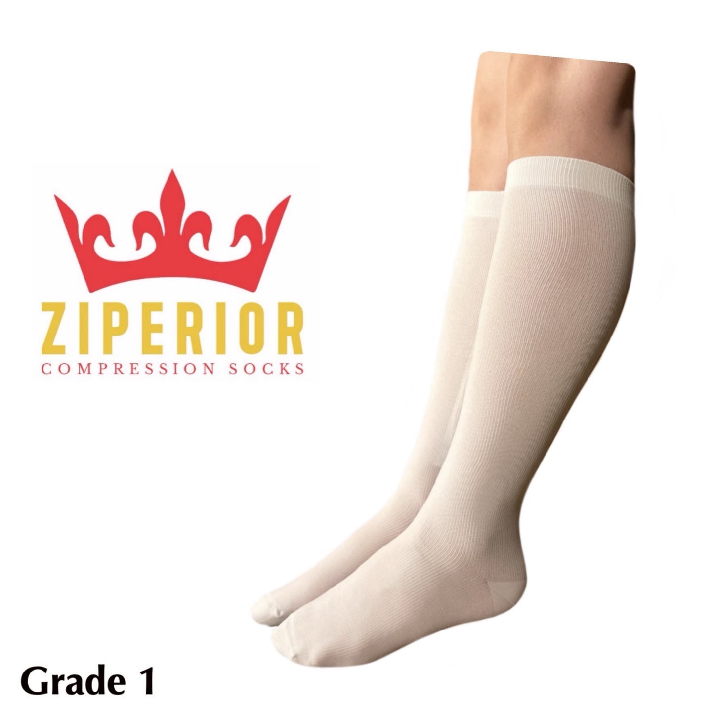 Ziperior Closed Toe 15-20 mmHg Compression White Navy Gray Inside Zipper Socks