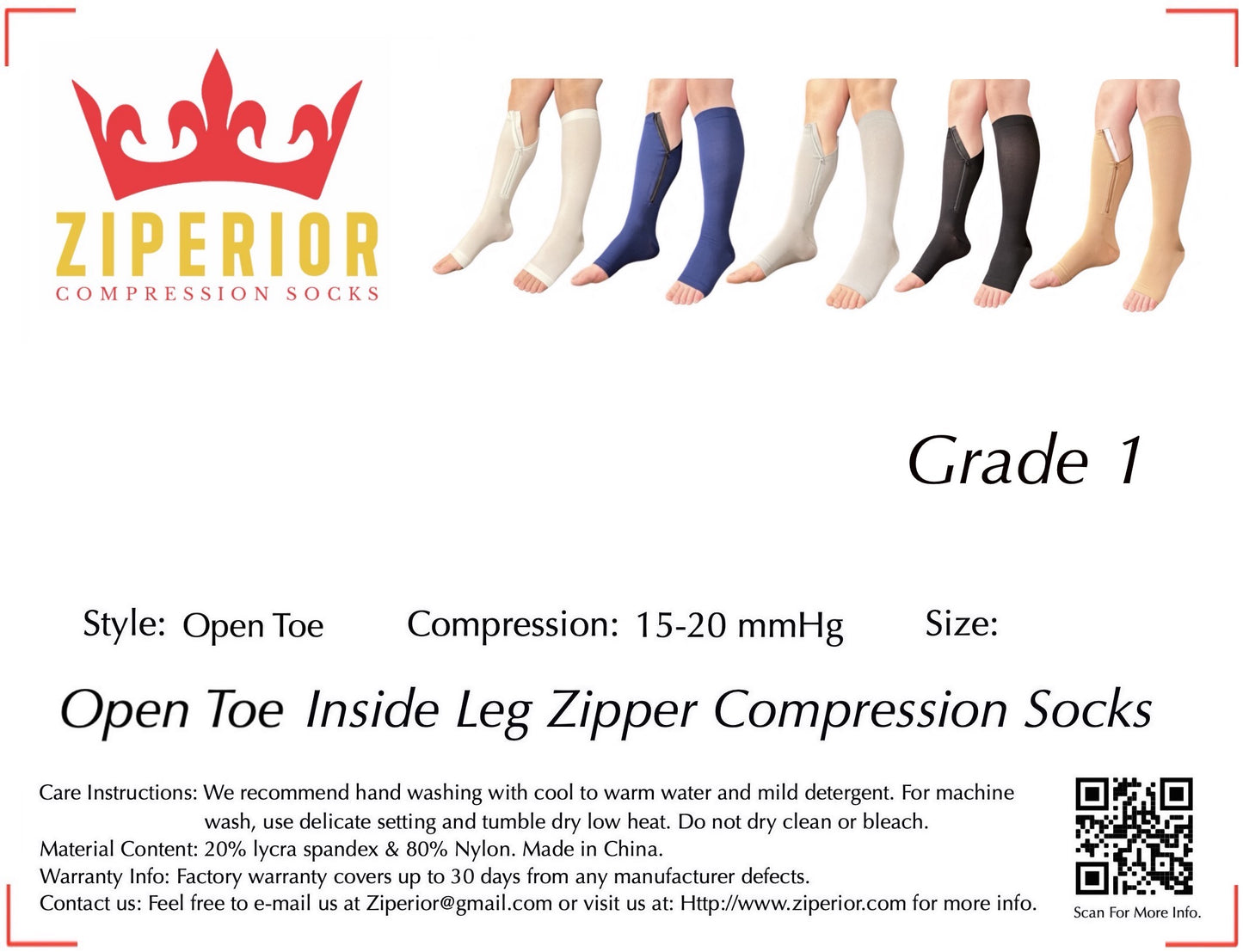 Ziperior Open Toe 15-20 mmHg Compression Grade Calf Pain Leg Inside Zipper Socks