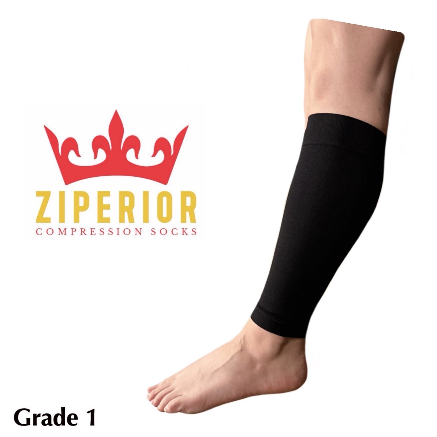 Ziperior 15-20 mmHg Compression Shin Calf No Foot Inside Leg Zipper Sleeves