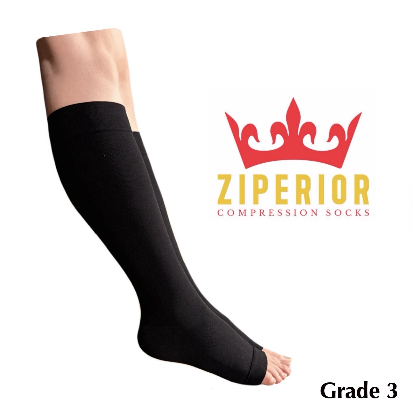 Ziperior Open Toe Inside Leg Calf Zipper 30-40 mmHg Grade 3 Compression Socks