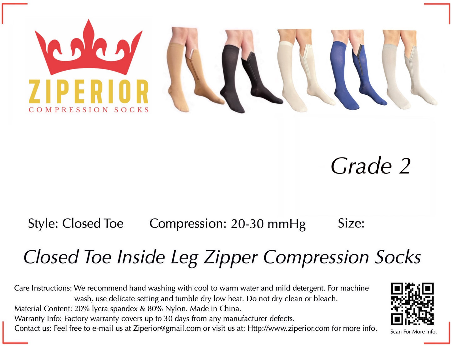 Ziperior Inside Leg Zipper 20-30 mmHg Compression Grade 2 Color Closed Toe Socks