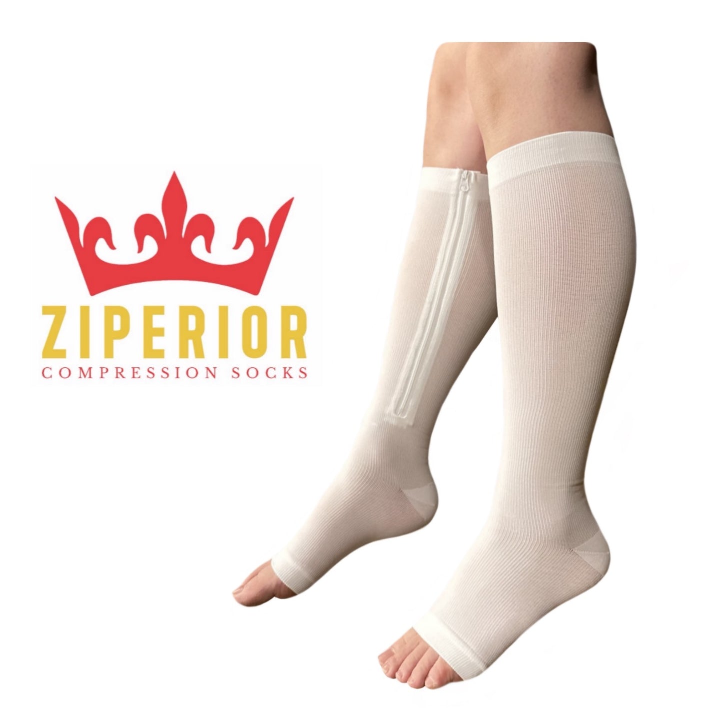 Ziperior Open Toe 15-20 mmHg Compression White Navy Gray Inside Leg Zipper Socks