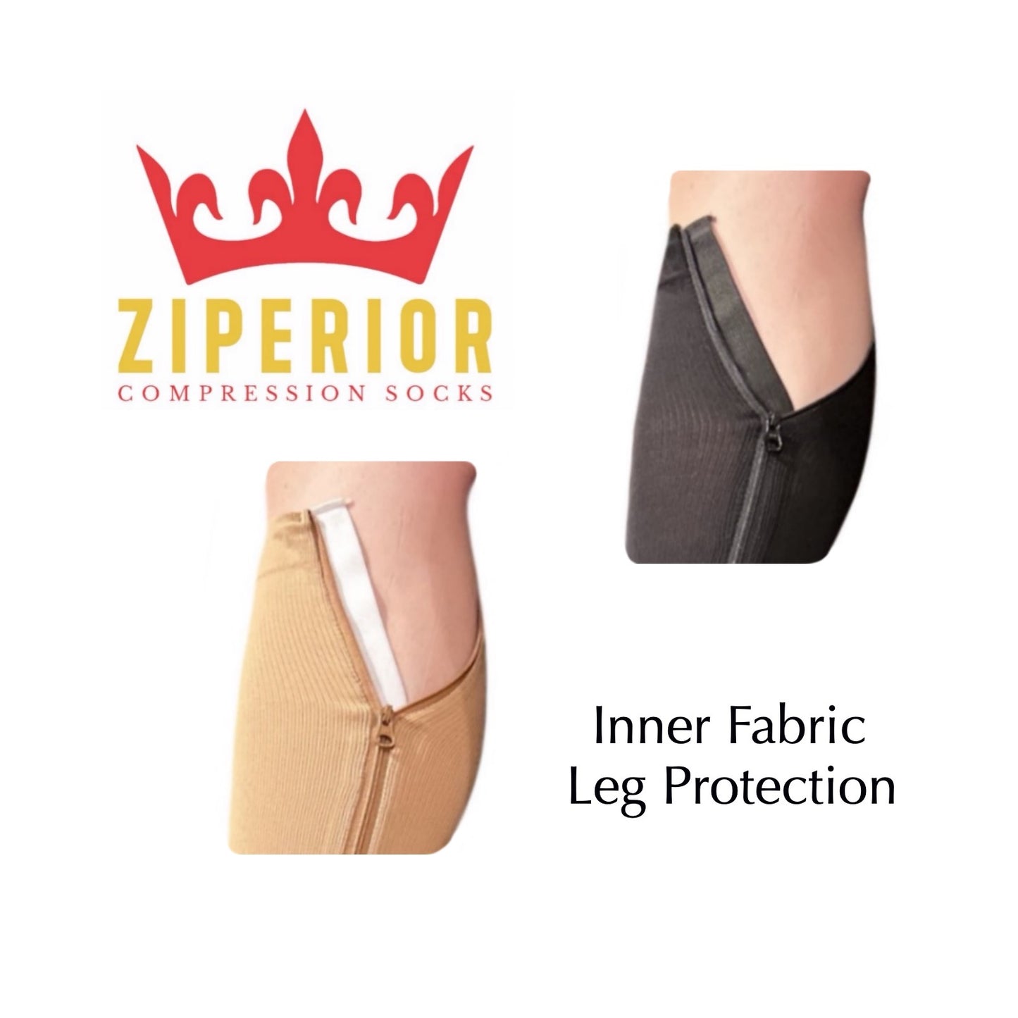 Ziperior 15-20 mmHg Compression Shin Calf No Foot Inside Leg Zipper Sleeves
