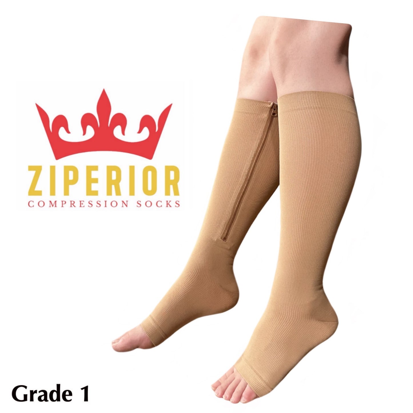 Ziperior Open Toe 15-20 mmHg Compression Grade Calf Pain Leg Inside Zipper Socks